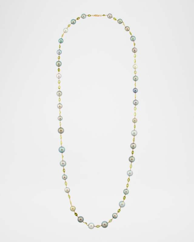 18K Yellow Gold Tahitian Pearl and Peridot Necklace, 32"L